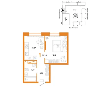 Планировка 1-комн. квартира, 31.38 м² ЖК «Юнион»