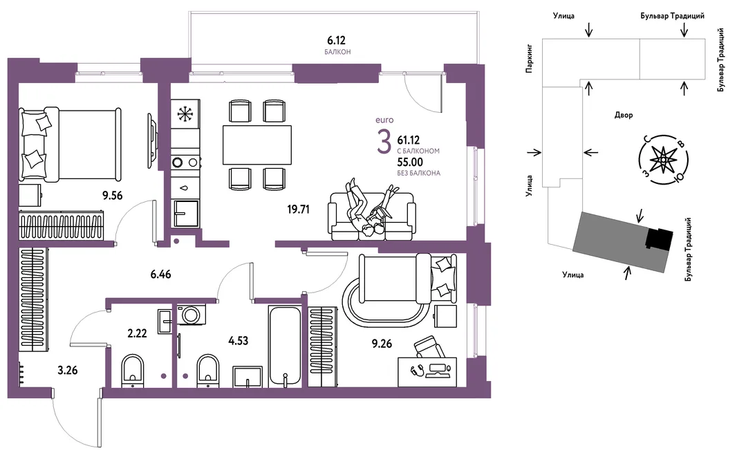 Планировка 3-комн. квартира, 61.12 м² ЖК «Микрорайон Домашний»