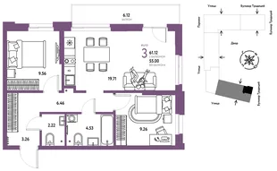 Планировка 3-комн. квартира, 61.12 м² ЖК «Микрорайон Домашний»