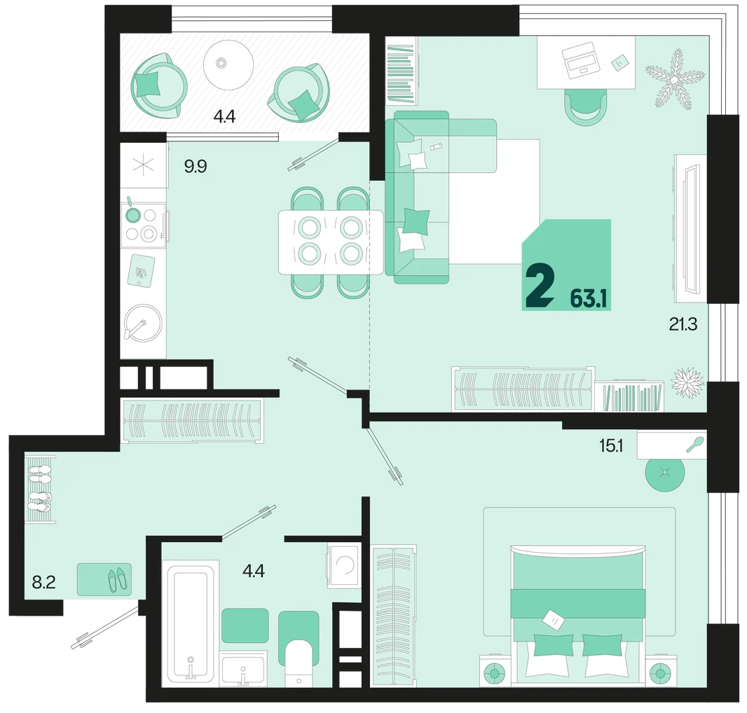 Планировка 2-комн. квартира, 63.1 м² ЖК «Первое место»