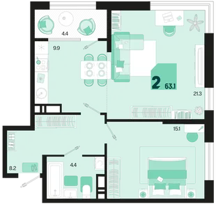 Планировка 2-комн. квартира, 63.1 м² ЖК «Первое место»