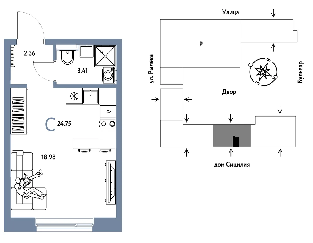 Планировка Студия, 24.75 м² ЖК «Остров-сад»