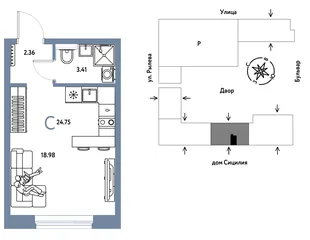 Планировка Студия, 24.75 м² ЖК «Остров-сад»