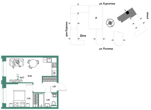 Планировка 2-комн. квартира, 38.75 м² ЖК «Остров-сад»