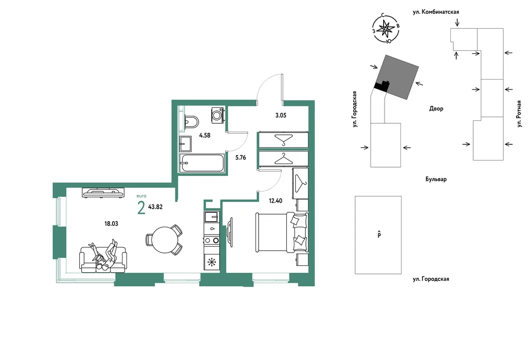 Планировка 2-комн. квартира, 43.82 м² ЖК «Уральский сад»
