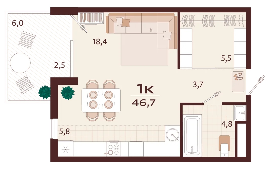 Планировка 1-комн. квартира, 46.7 м² ЖК «Роялта»