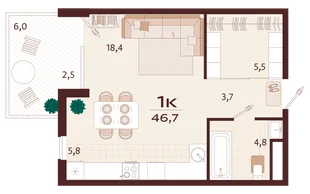 Планировка 1-комн. квартира, 46.7 м² ЖК «Роялта»