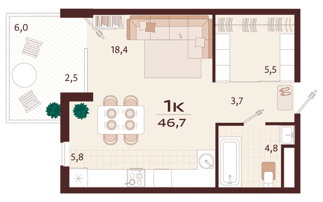 Планировка 1-комн. квартира, 46.7 м² ЖК «Роялта» Планировка 1-комн. квартира, 46.7 м² ЖК «Роялта»