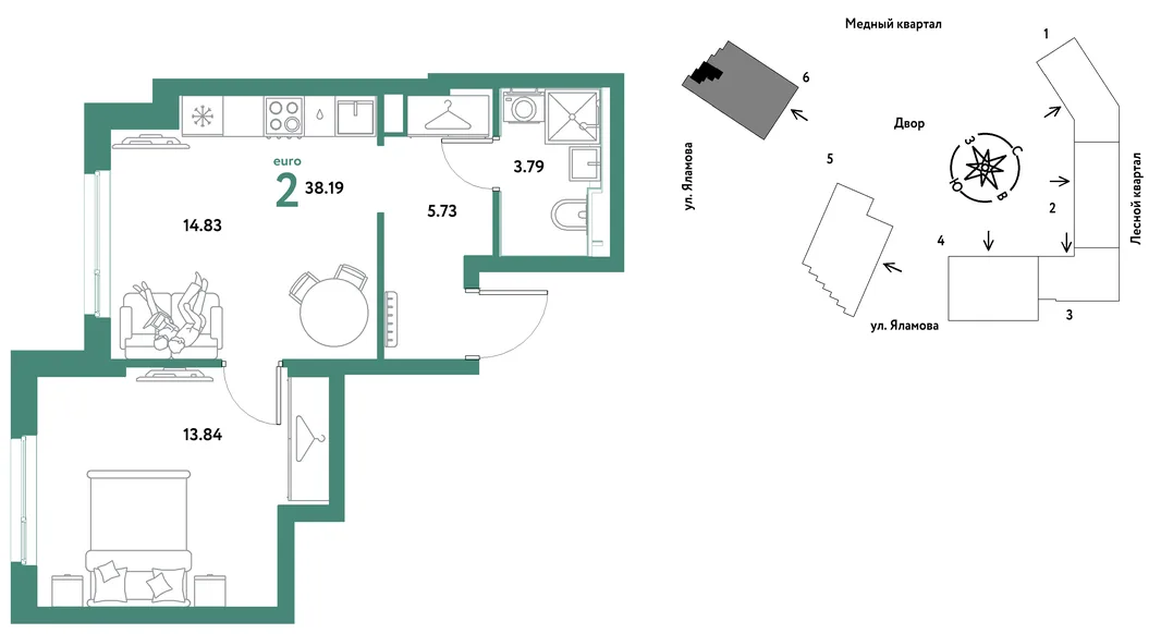 Планировка 2-комн. квартира, 38.19 м² ЖК «Сибирский сад»