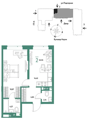 Планировка 2-комн. квартира, 44.54 м² ЖК «Авторский»