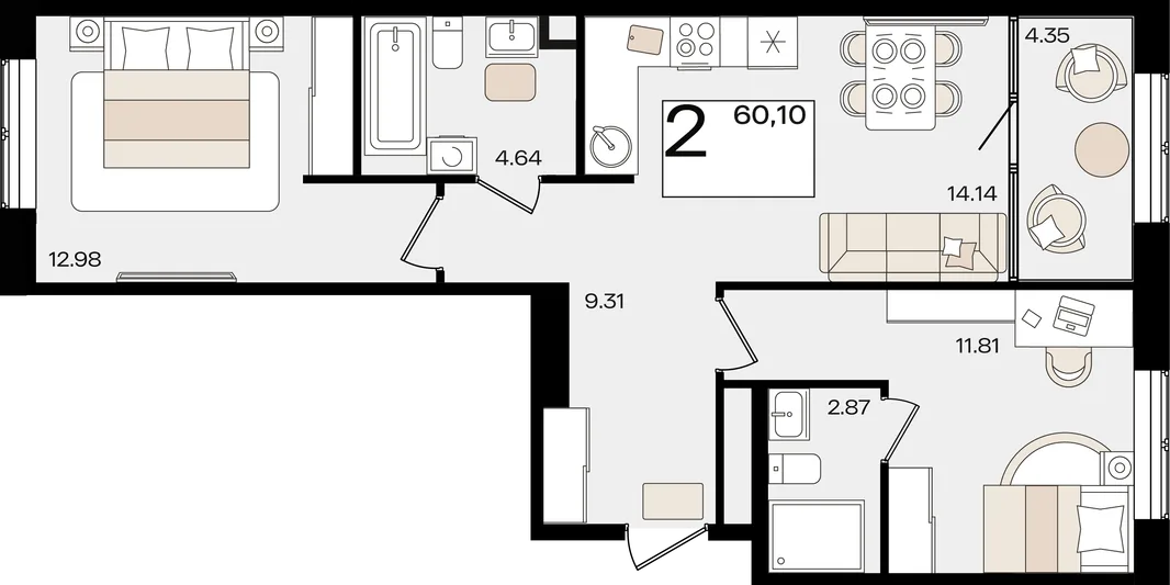 Планировка 2-комн. квартира, 59.47 м² ЖК «Патрики»
