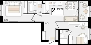 Планировка 2-комн. квартира, 59.47 м² ЖК «Патрики»