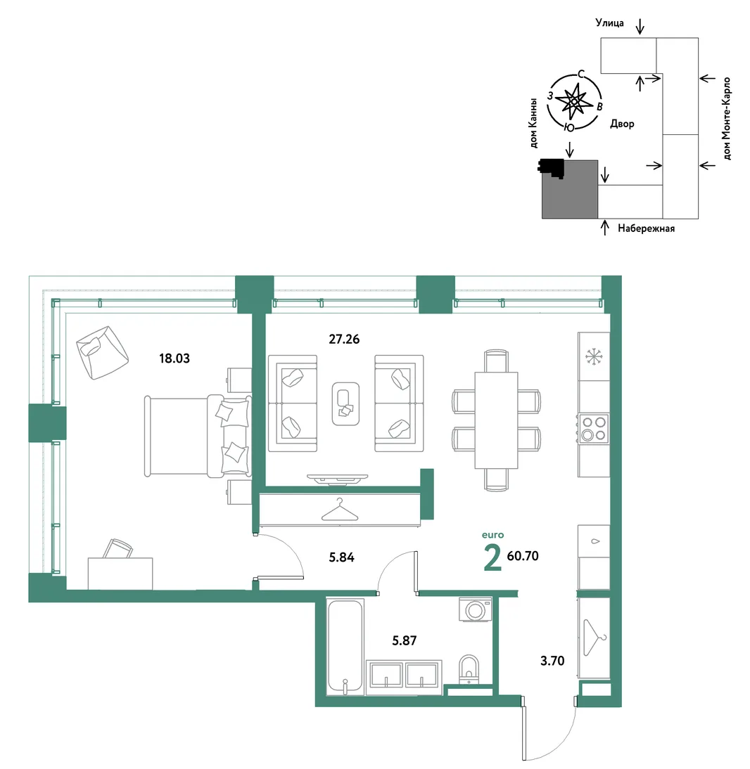 Планировка 2-комн. квартира, 60.7 м² ЖК «Европейский берег 2.0»