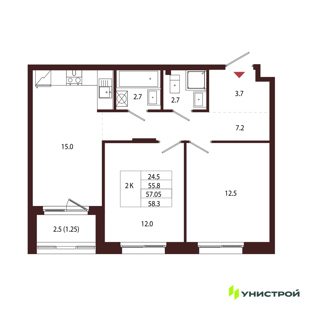 Планировка 2-комн. квартира, 57.05 м² ЖК «Лисино»