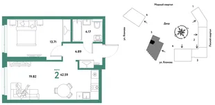 Планировка 2-комн. квартира, 42.59 м² ЖК «Сибирский сад»