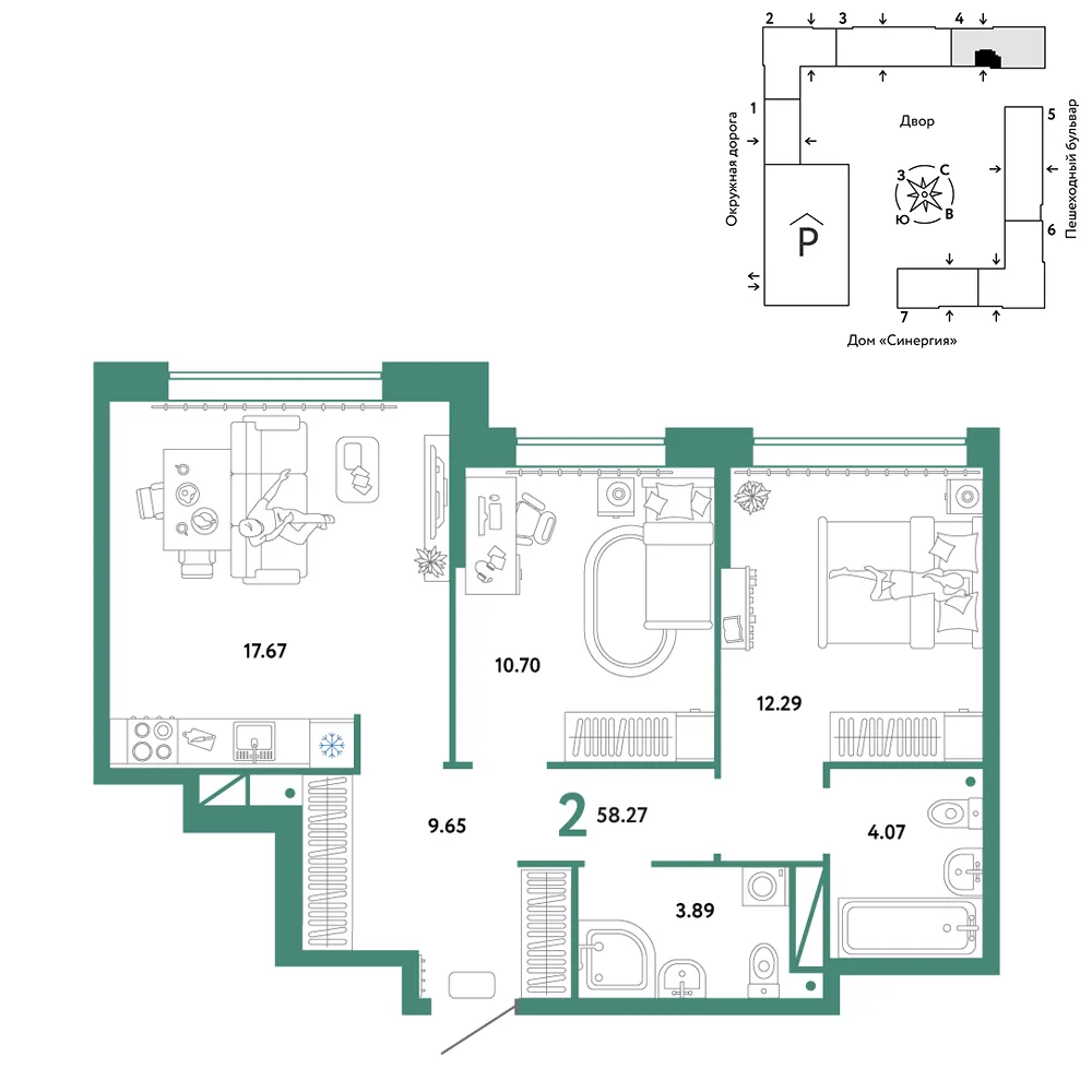 Планировка 2-комн. квартира, 58.27 м² ЖК «Юнион»