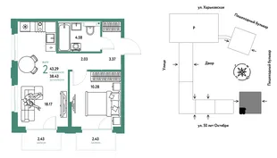 Планировка 2-комн. квартира, 43.29 м² ЖК «Сердце Сибири»