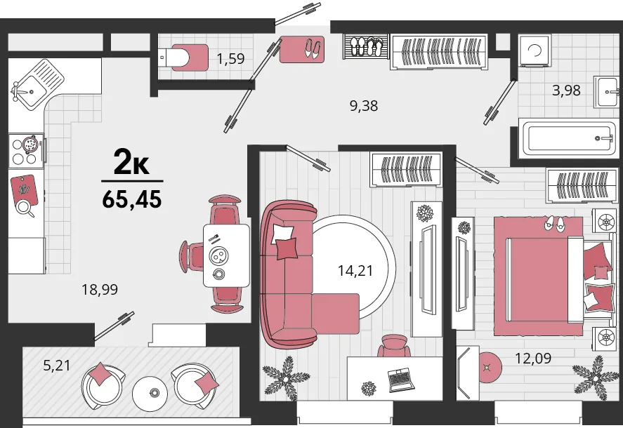 Планировка 2-комн. квартира, 65.45 м² ЖК «Родные просторы»