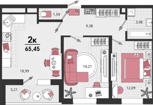 Планировка 2-комн. квартира, 65.45 м² ЖК «Родные просторы»