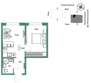 Планировка 2-комн. квартира, 34.65 м² ЖК «Микрорайон Домашний»