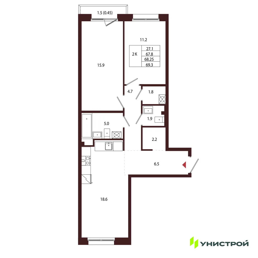 Планировка 2-комн. квартира, 68.25 м² ЖК «Лисино»
