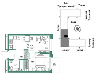 Планировка 2-комн. квартира, 35.79 м² ЖК «Микрорайон Домашний»