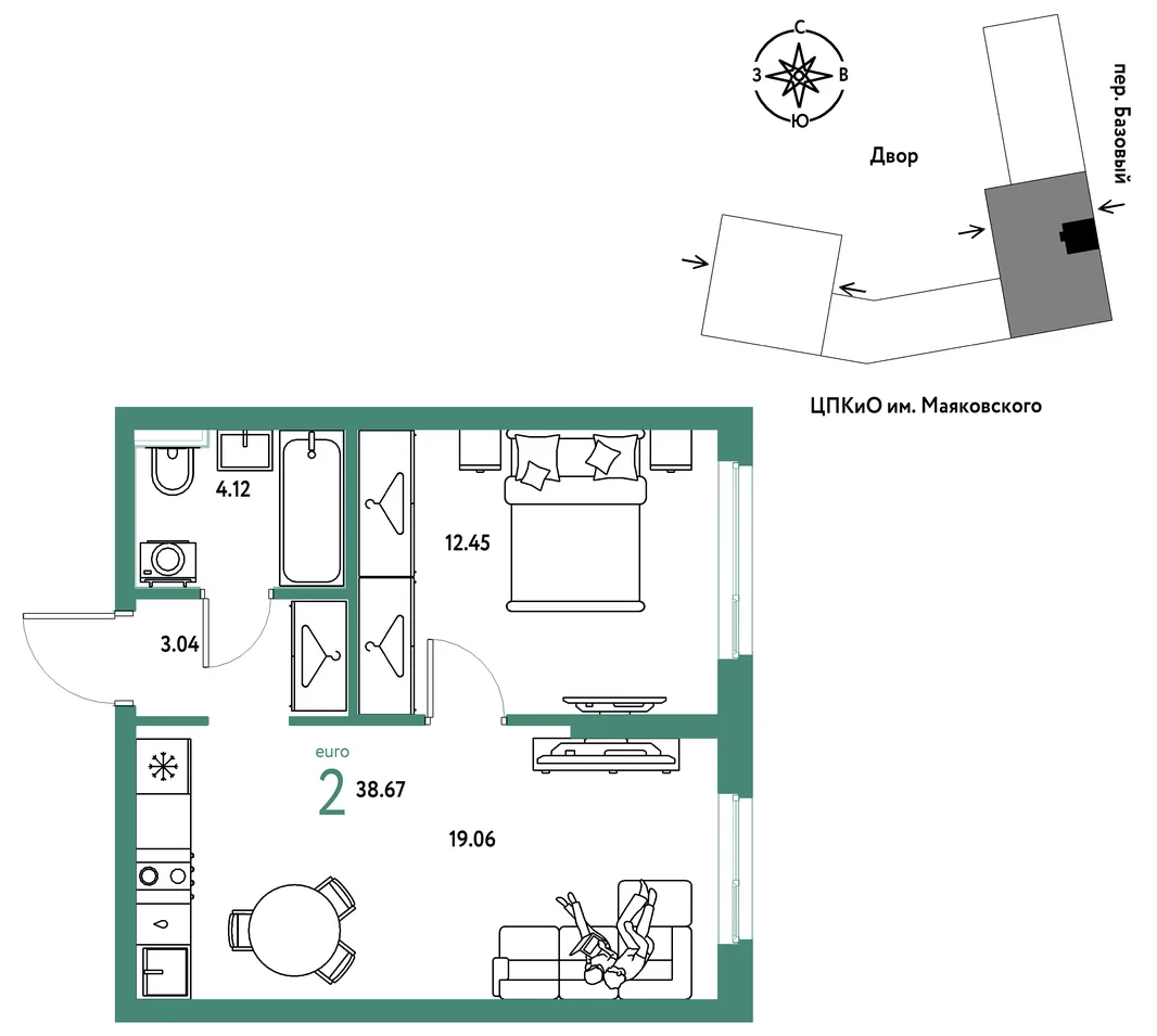 Планировка 2-комн. квартира, 38.67 м² ЖК «Сибирский сад»