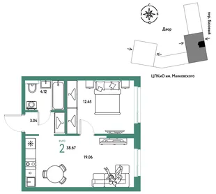 Планировка 2-комн. квартира, 38.67 м² ЖК «Сибирский сад»