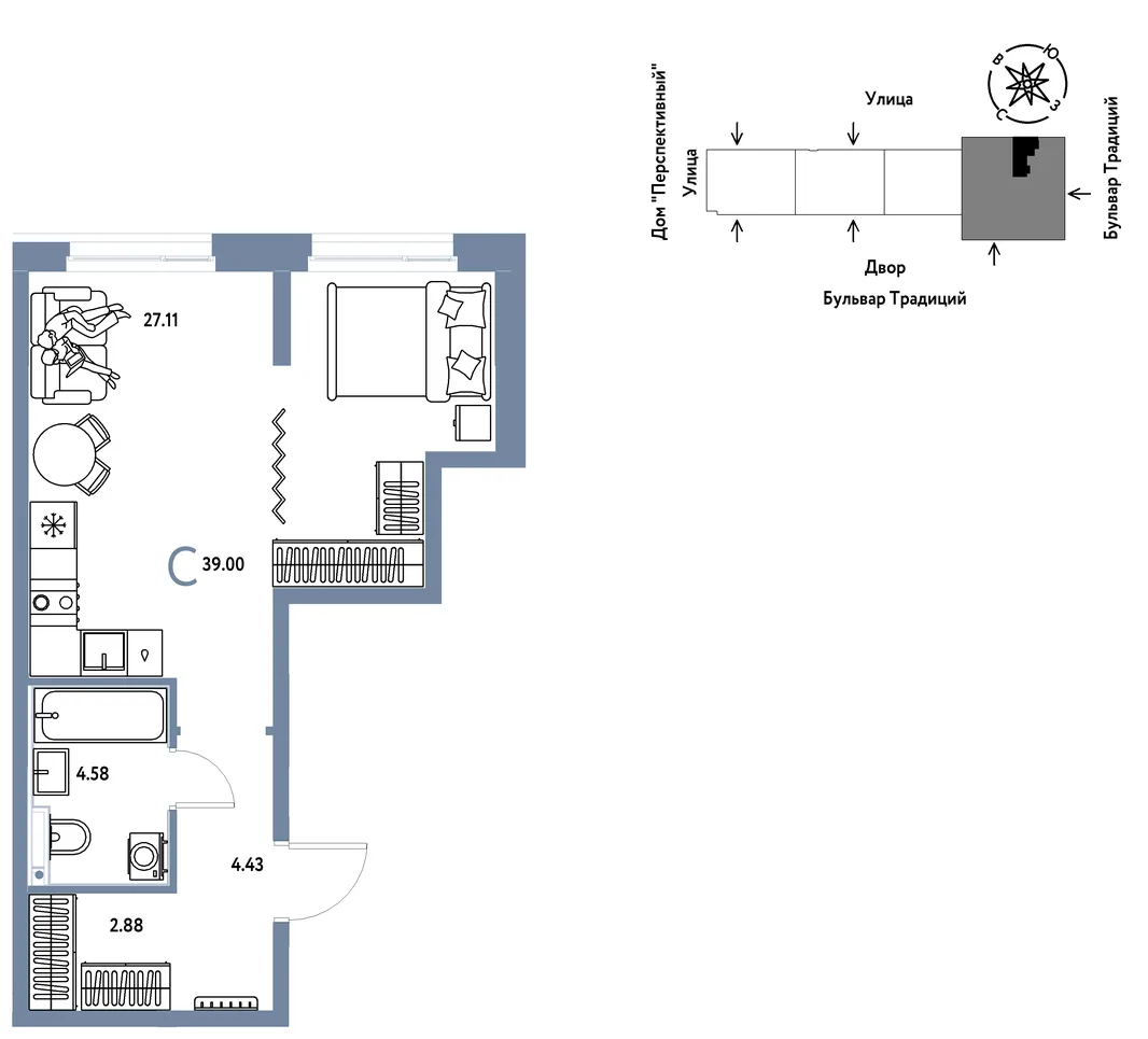 Планировка Студия, 39 м² ЖК «Микрорайон Домашний»