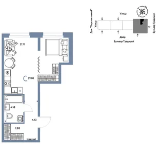 Планировка Студия, 39 м² ЖК «Микрорайон Домашний»