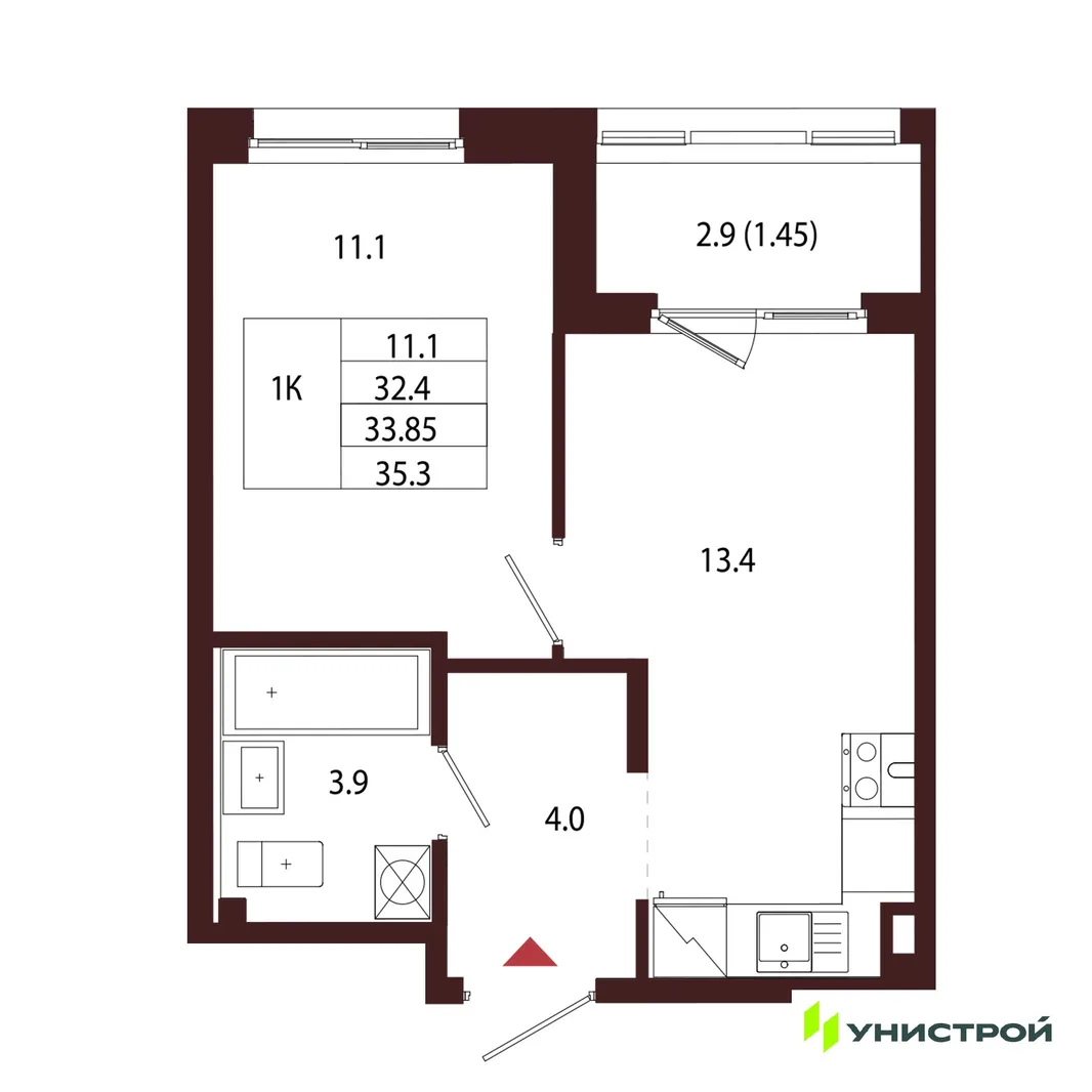 Планировка 1-комн. квартира, 33.85 м² ЖК «Лисино»