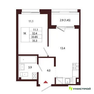 Планировка 1-комн. квартира, 33.85 м² ЖК «Лисино»