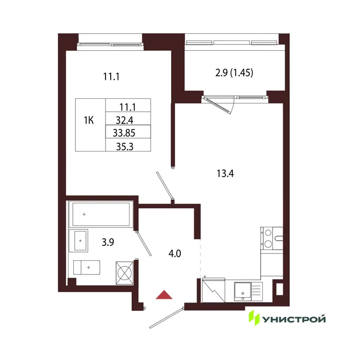 Планировка 1-комн. квартира, 33.85 м² ЖК «Лисино»
