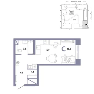 Планировка Студия, 28.1 м² ЖК «Страна.Заречная»