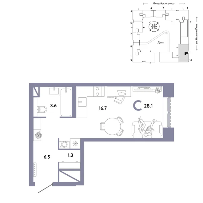 Планировка Студия, 28.1 м² ЖК «Страна.Заречная»