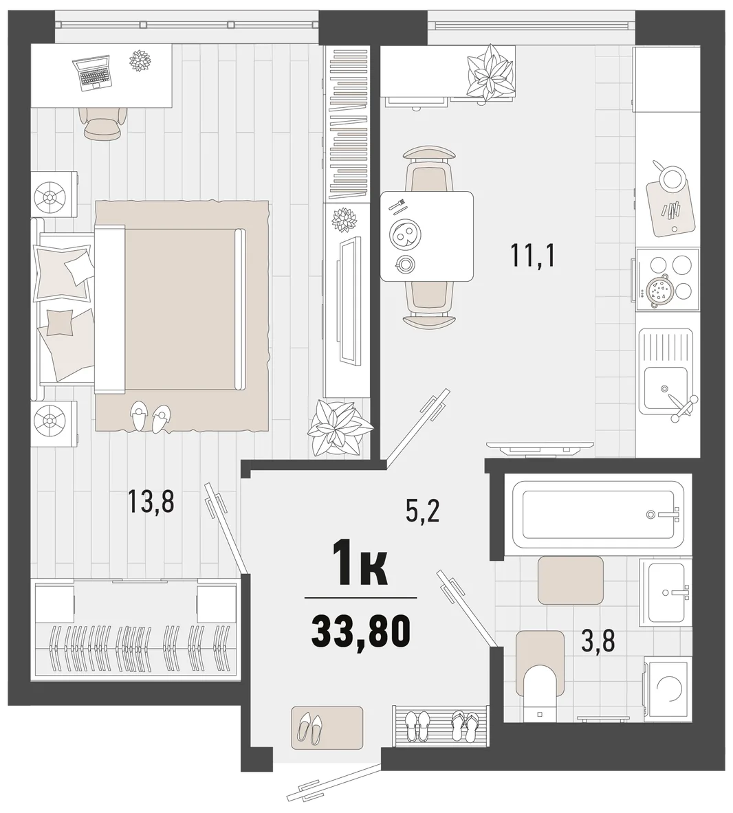 Планировка 1-комн. квартира, 33.8 м² ЖК «Барса»