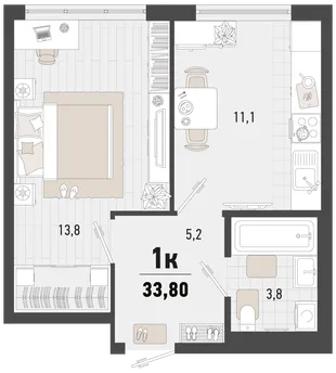 Планировка 1-комн. квартира, 33.8 м² ЖК «Барса»