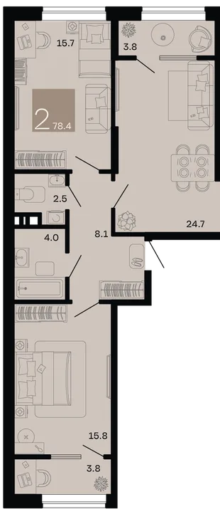 Планировка 2-комн. квартира, 78.4 м² ЖК «Хозяин морей»