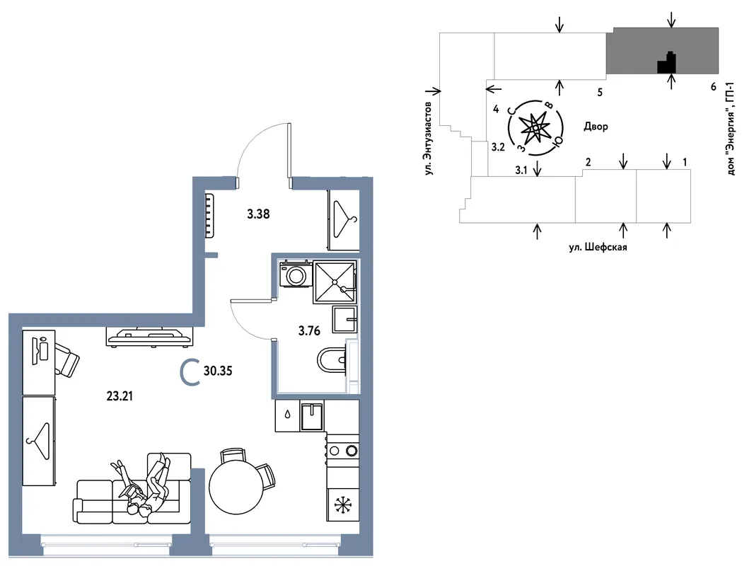 Планировка Студия, 30.35 м² ЖК «Страна.Энтузиастов»