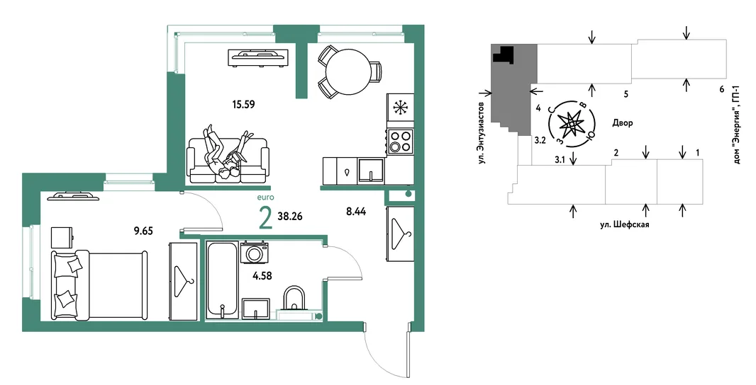 Планировка 2-комн. квартира, 38.26 м² ЖК «Страна.Энтузиастов»