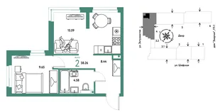 Планировка 2-комн. квартира, 38.26 м² ЖК «Страна.Энтузиастов»