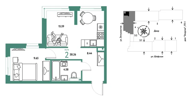 Планировка 2-комн. квартира, 38.26 м² ЖК «Страна.Энтузиастов» Планировка 2-комн. квартира, 38.26 м² ЖК «Страна.Энтузиастов»