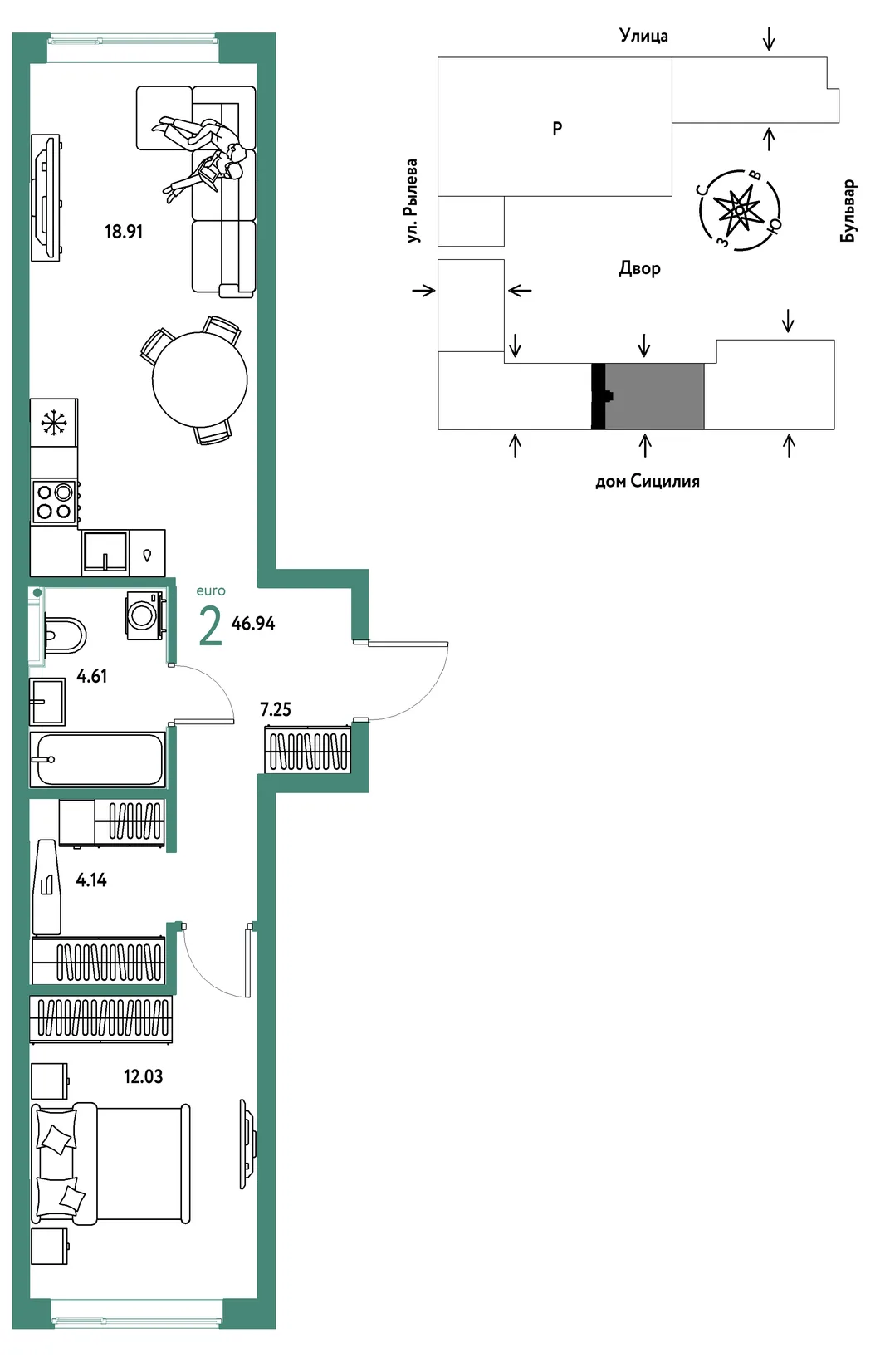 Планировка 2-комн. квартира, 46.94 м² ЖК «Остров-сад»