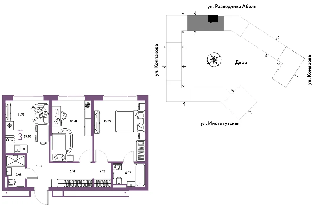 Планировка 3-комн. квартира, 59.1 м² ЖК «Страна.Парковая»