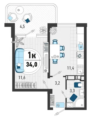 Планировка 1-комн. квартира, 29.9 м² ЖК «Монако»