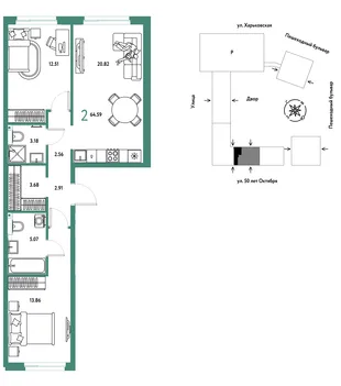 Планировка 2-комн. квартира, 64.59 м² ЖК «Сердце Сибири»