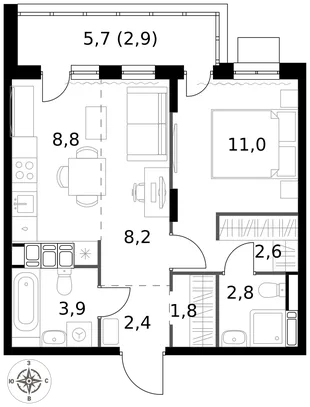 Квартира 2-комн. квартира, 44.4 м² ЖК «1-й Саларьевский» Фото 1 Квартира 2-комн. квартира, 44.4 м² ЖК «1-й Саларьевский» Фото 1