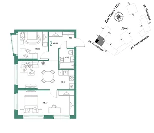 Планировка 2-комн. квартира, 60.16 м² ЖК «Страна.Парковая»