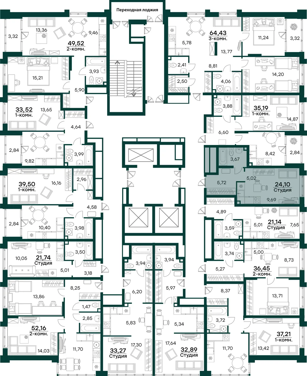 Планировка Студия, 24.1 м² ЖК «Аквамарин 2»