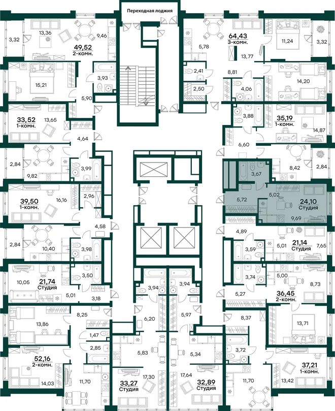 Планировка Студия, 24.1 м² ЖК «Аквамарин 2»